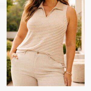 Lane Bryant 22/24 Beige Striped Sleeveless Collared Knit Top Plus